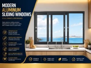 Modern aluminum sliding windows with black frames and large glass panels