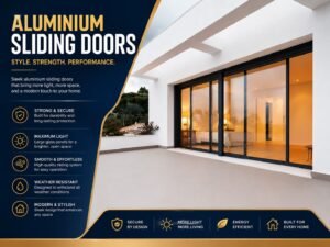 Modern aluminum sliding windows with black frames, large glass panels, and premium energy-efficient design