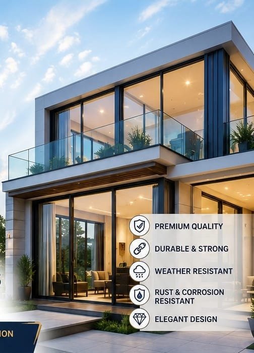 odern luxury two-story home featuring large glass windows, glass balcony railings, and a sleek contemporary exterior.