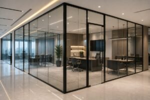 Modern glass windows and decorative mirrors with sleek aluminum frames